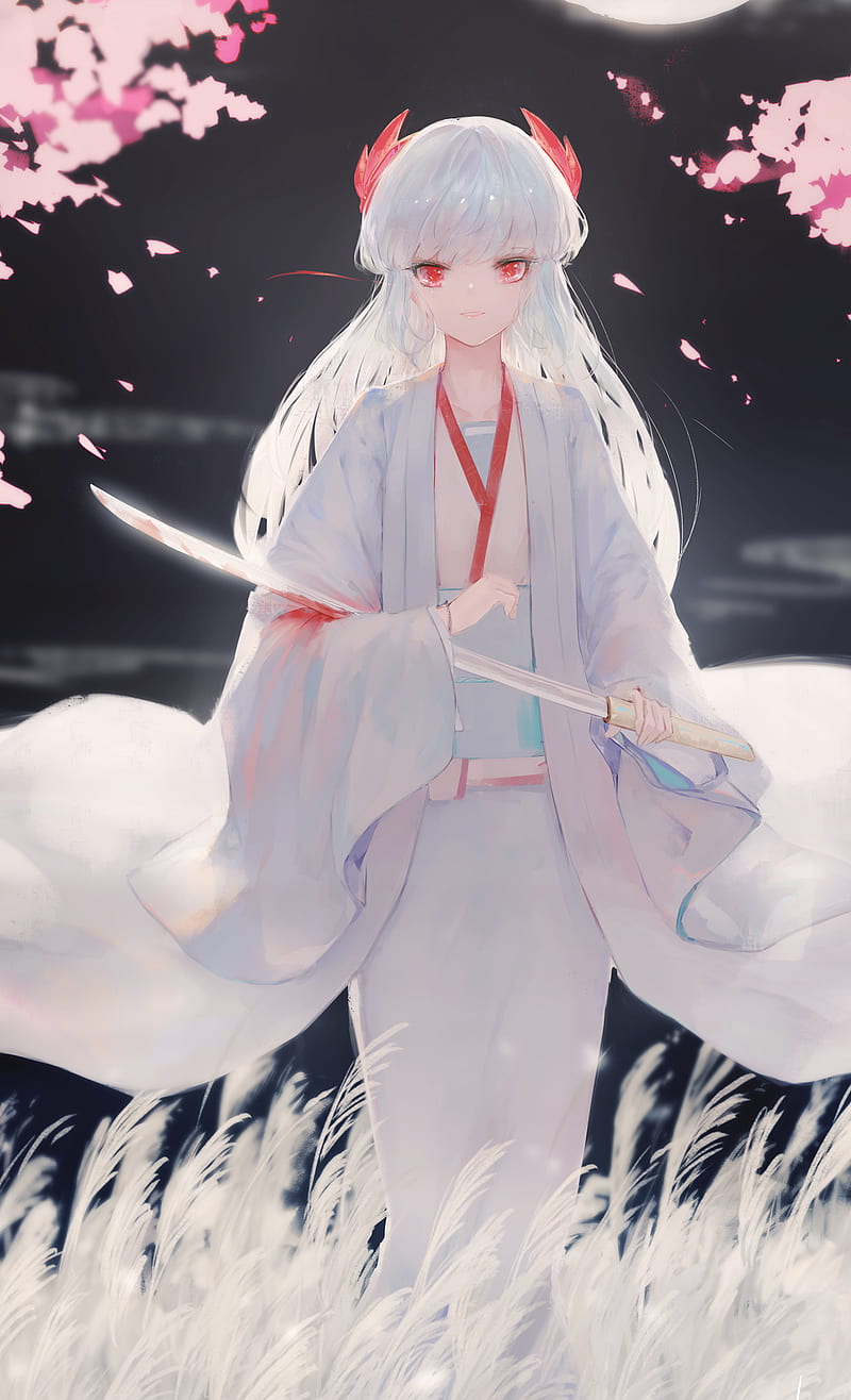 anime girl, white hair, kimono, sakura blossom, sword, Anime, HD phone wallpaper