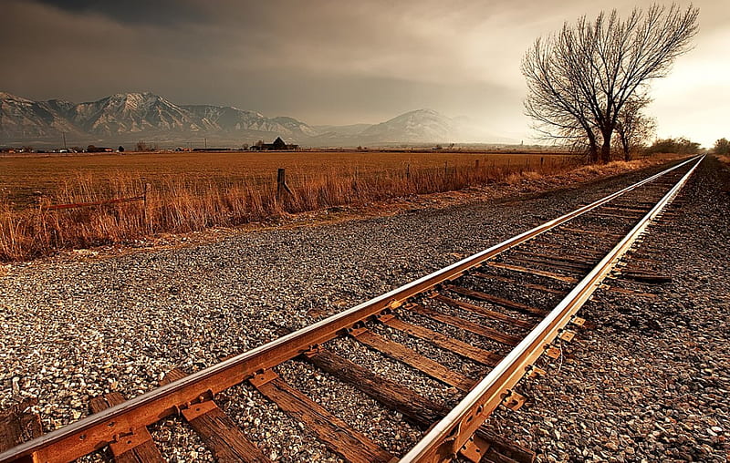 An absence of a place to be, railroad, mountains, trees, field, snowy peaks, landscape, HD wallpaper