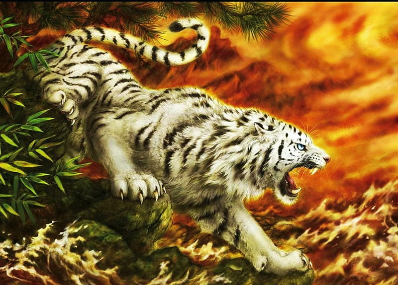 Roaring Tiger, predator, painting, white, cat, artwork, HD wallpaper
