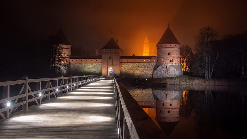 Castles, Trakai Island Castle, Castle, Lithuania, Night, Reflection, Trakai, HD wallpaper