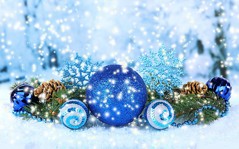 Happy New Year, 2018, blue christmas balls, decoration, Christmas, winter, snow, HD wallpaper