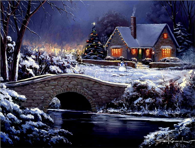 By George Kovach, art, christmas, bridge, painting, george kovach, winter, HD wallpaper