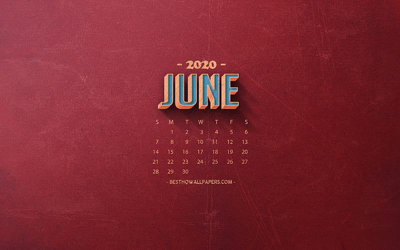 2020 June Calendar, red retro background, 2020 summer calendars, June 2020 Calendar, retro art, 2020 calendars, June, HD wallpaper