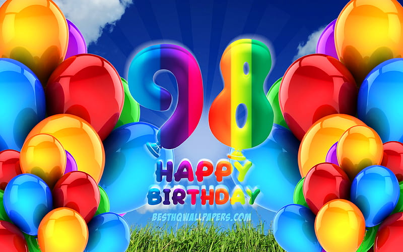 Happy 98 Years Birtay, cloudy sky background, Birtay Party, colorful ballons, Happy 98th birtay, artwork, 98th Birtay, Birtay concept, 98th Birtay Party, HD wallpaper