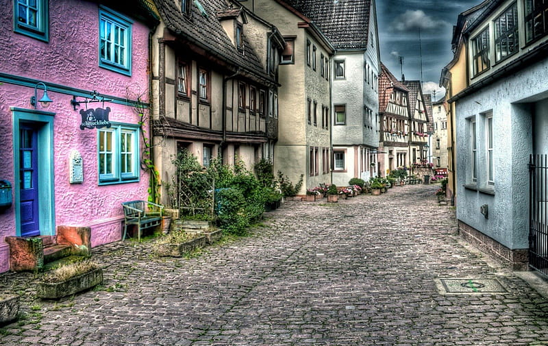 Old Times Good Times, architecture, gray, buildings, houses, sky, doors, windows, textures, green, stone, plants, flowers, nature, road, pink, blue, HD wallpaper