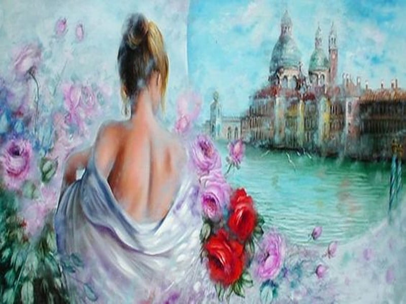 Sommer in Venedig, Sommer, Venedig, Fantasiegirl, Rosen, pastell Farben, romantisch, HD wallpaper