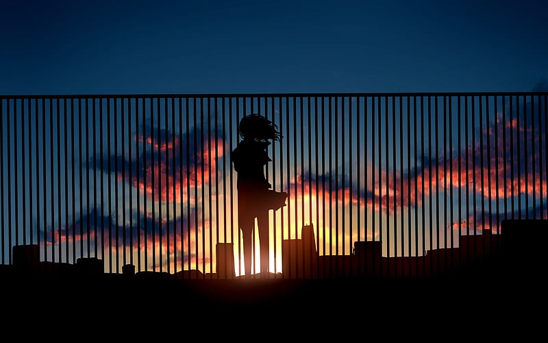 anime girl, scenic, silhouette, sunset, fence, sky, Anime, HD wallpaper