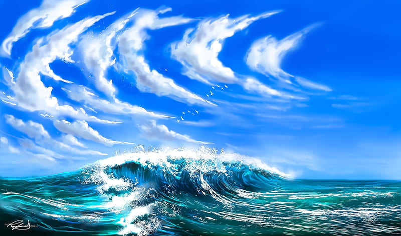 waves, sea, clouds, birds, art, HD wallpaper
