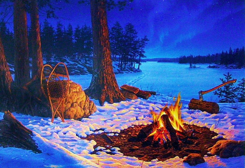 Winter Tracks, fireplace, snow, painting, river, trees, artwork, HD wallpaper