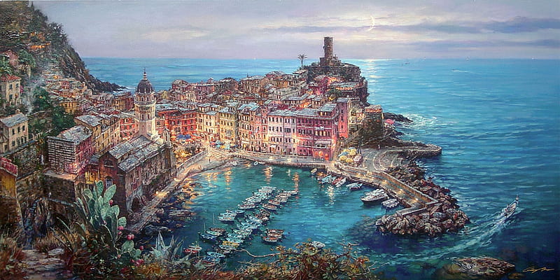 Moonlight in Vernazza, mediterraneo, art, luminos, sea, city, painting, summer, pictura, cao yong, blue, HD wallpaper