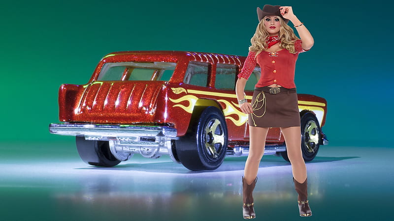 Race Ready . ., anime, Chevy, Nomad, digital art, blondes, 57, hats, Cowgirl, boots, fantasy, HD wallpaper