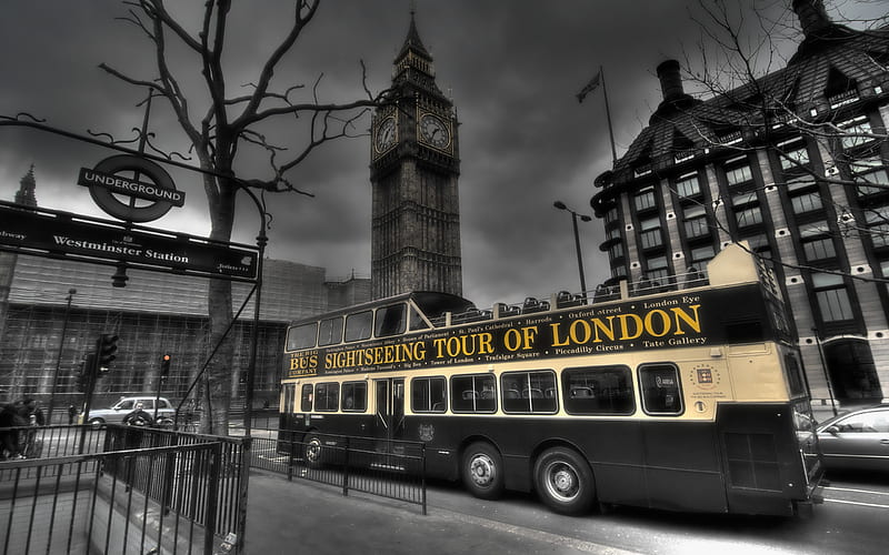 London, architecture, monuments, england, black and white, clock, bonito, skyscrapers, bus, big ben, HD wallpaper