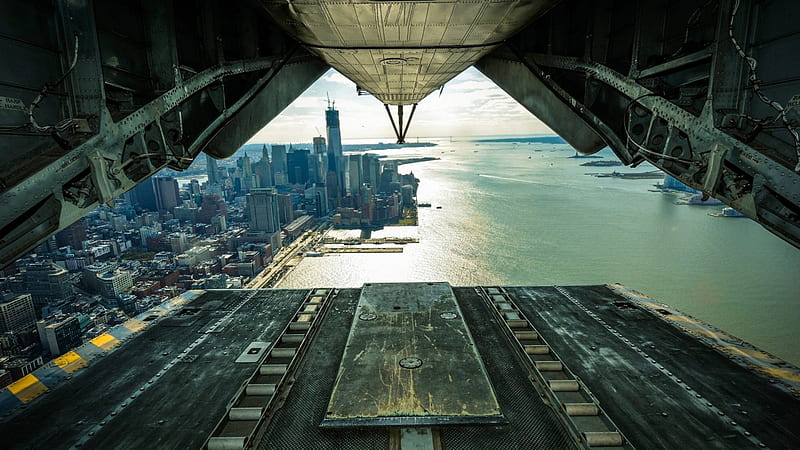 view of nyc waterfront from a plane's cargo doors, plane, city, view, river, doors, HD wallpaper