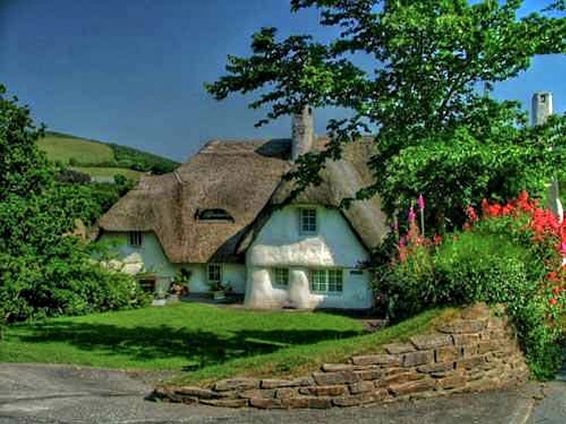 Stucco Cottage Home, stone, fairy tale, cottage, english, stucco, thatched roof, HD wallpaper