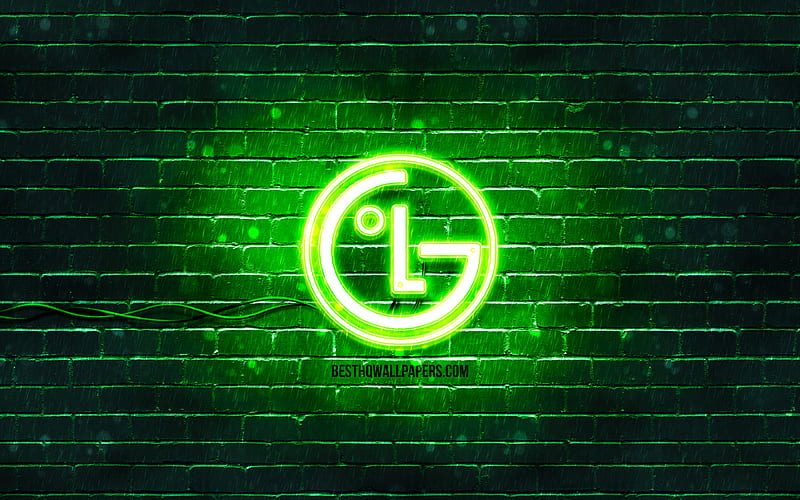LG green logo green brickwall, LG logo, brands, LG neon logo, LG, HD wallpaper
