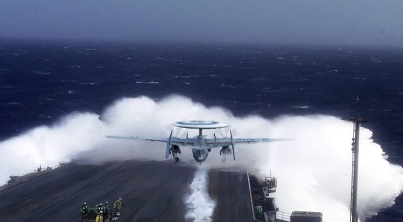 Northrop Grumman E-2 Hawkeye Launching Through A Wave, Northrop Grumman, E-2 Hawkeye, Aircraft Carrier, Wave, HD wallpaper