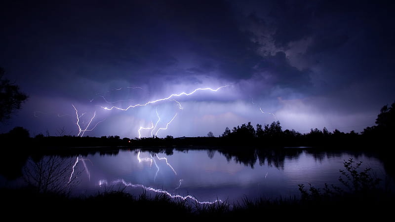 Lightning storm over lake during purple midnight, house, lightning, purple, electric, midnight, storm, night, lake, typhoon, HD wallpaper