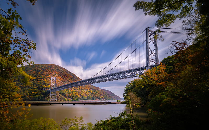 New York, Purple Heart Veterans Memorial Bridge, Hudson River, New York State, autumn, suspension bridge, Bear Mountain Bridge, USA, HD wallpaper