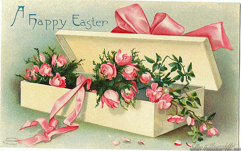 Happy Easter!, pink, card, green, box, flower, easter, vintage, HD wallpaper