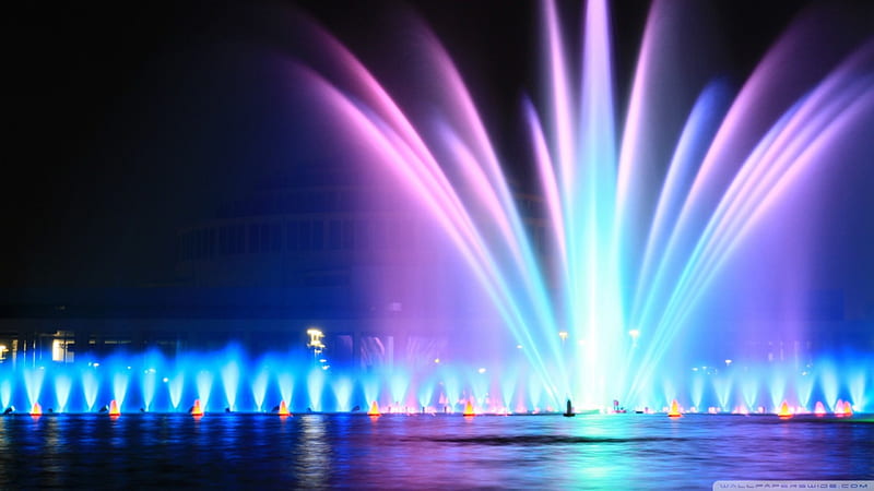 Fountain in Hala Ludowa, fountain, colourful, lights, ludowa, hala, poland, wroclaw, pink, blue, HD wallpaper