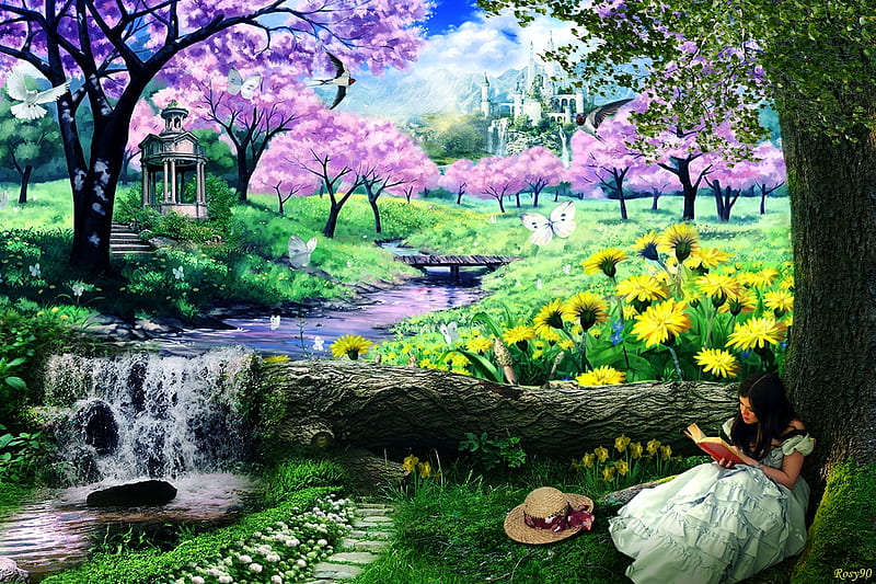 Spring, Tree, Flowers, Nature, Scenery, Butterfly, Castle, Landscape,  River, HD wallpaper | Peakpx