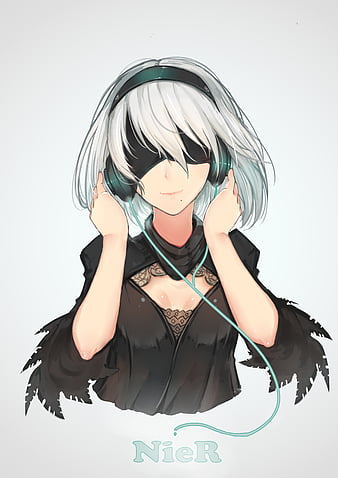 white background, cleavage, headphones, NieR, Nier: Automata, 2B (Nier: Automata), black dress, HD phone wallpaper