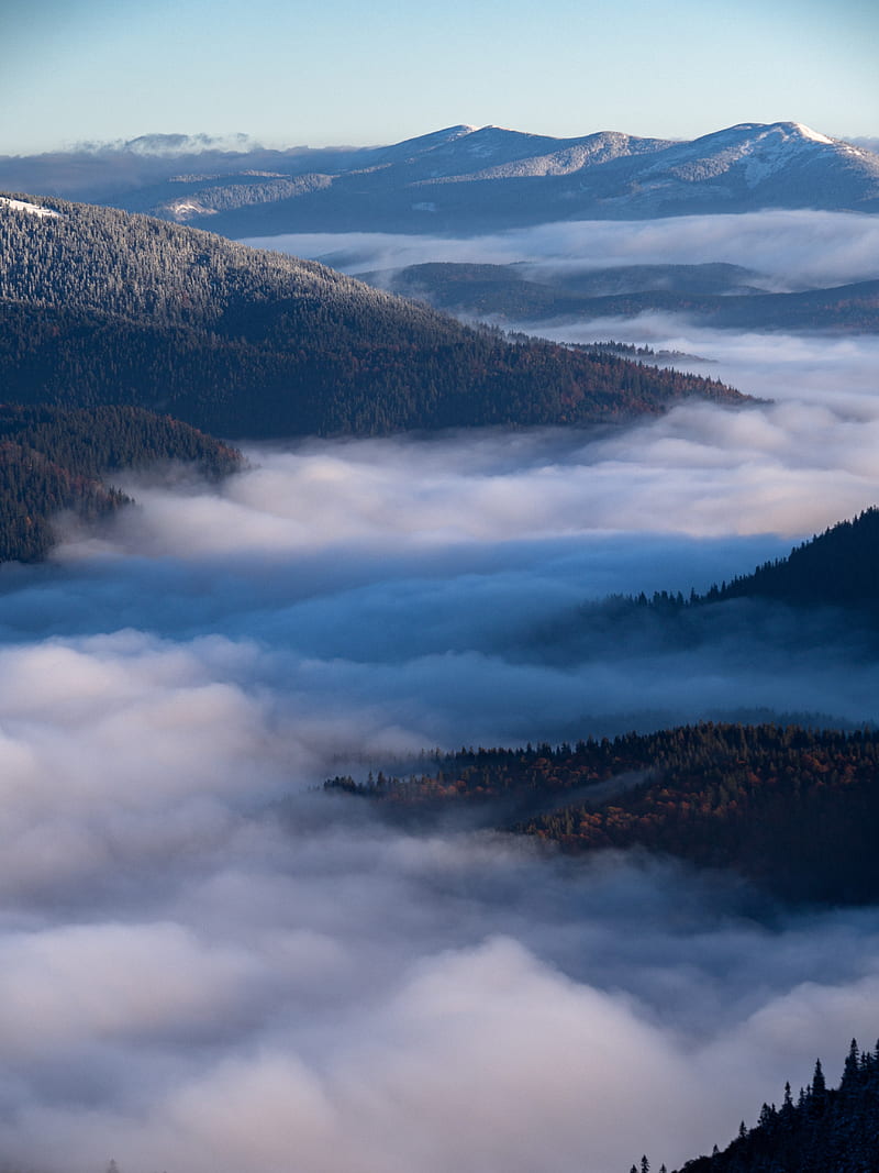 mountains, clouds, fog, landscape, aerial view, HD phone wallpaper