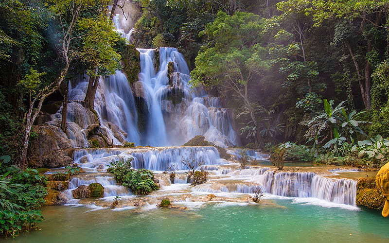 Kuang Si Falls, Laos island waterfalls, beautiful waterfall, jungle, Kuang Xi Falls, Luang Prabang, Laos, HD wallpaper