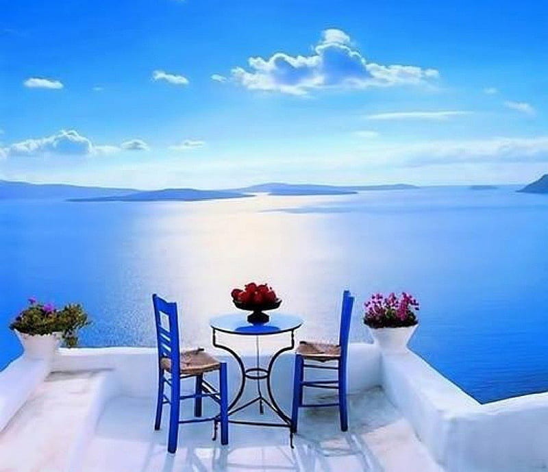 Sunny Day on Santorini, sunny day, beaches, nature, terrace, table for two, sea, blue, HD wallpaper