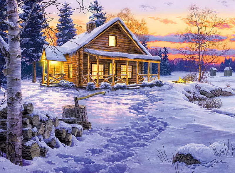 Winter bliss, house, cottage, woods, cabin, clouds, bliss, lights, countryside, painting, path, village, forest, calmness, holiday, christmas, fun, new year, sky, joy, trees, winter, noel, serenity, snow, peaceful, nature, steps, wooden, landscape, HD wallpaper