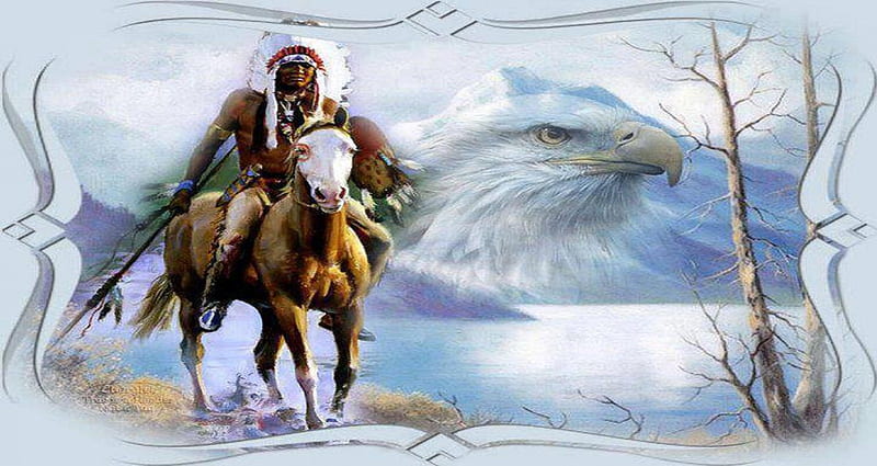 indian on horseback, warrior, snow, painting, eagle, horse, HD wallpaper