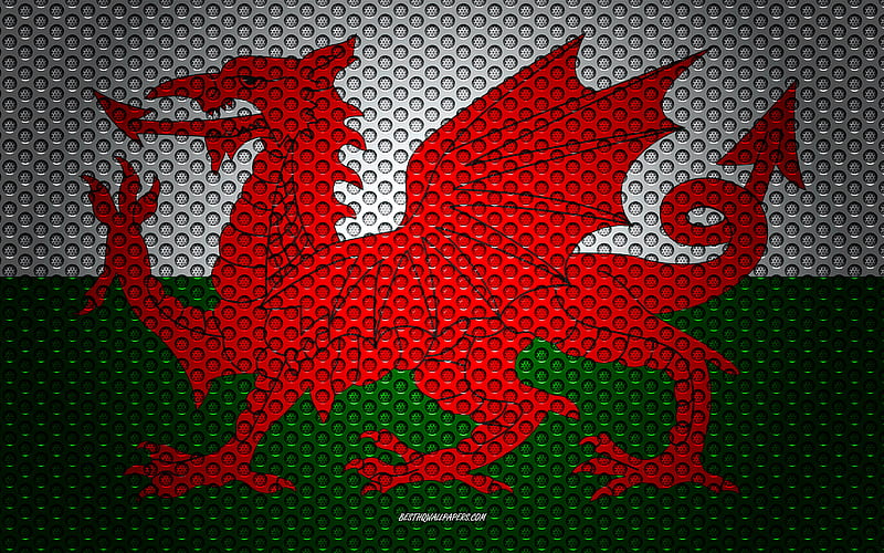 Flag of Wales creative art, metal mesh texture, Wales flag, national symbol, Wales, Europe, flags of European countries, HD wallpaper