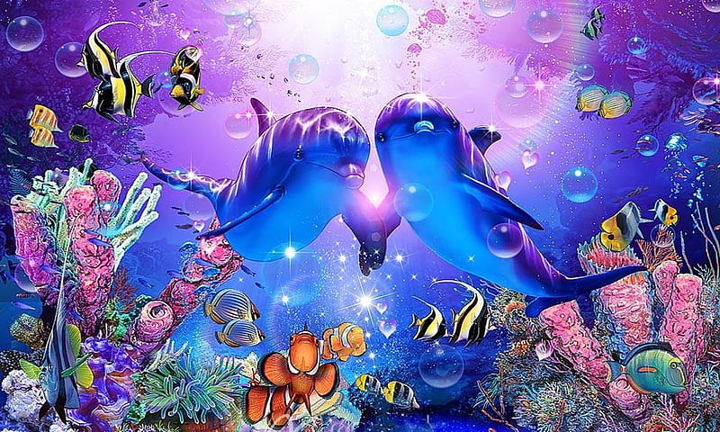 Dolphins in Love, Dolphins, colorful, dreamy, fish, Bubbles, ocean, magical, sea, HD wallpaper