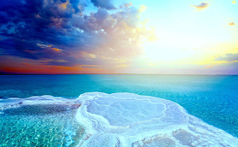 SALT FIELD on DEAD SEA, dead, salt, sunset, clouds, field, sea, HD wallpaper