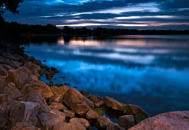 Sunset- Lake, Lake, stones, trees, Sunset, HD wallpaper | Peakpx