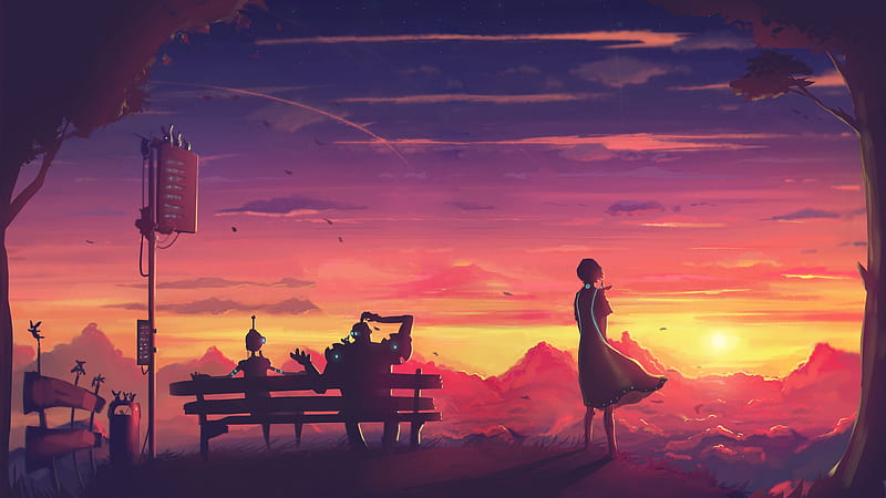 futuristic anime girl, sunset, robot, bench, scenic, artwork, landscape, Anime, HD wallpaper