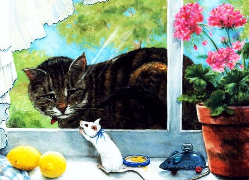 Window Discussions, mouse, painting, flower, cat, artwork, HD wallpaper