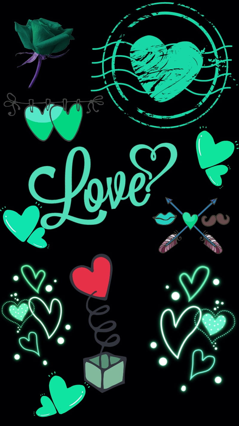 Sure Fire Love, abstract, background, black, colors, fun, corazones, love, neon, turquoise, HD phone wallpaper