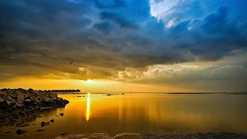 sepang gold coast in malaysia, bungalows, sunset, clouds, coast, sea, HD wallpaper