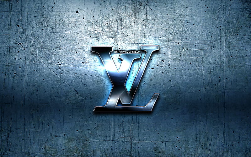 Louis Vuitton metal logo, blue metal background, artwork, Louis