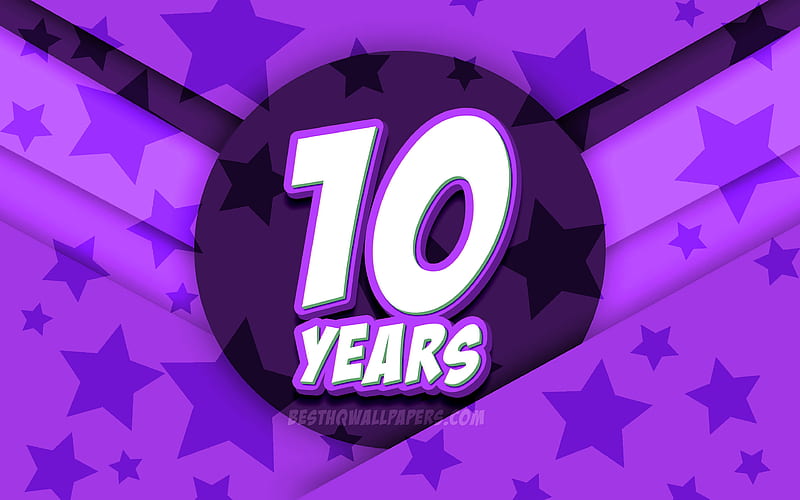 Happy 10 Years Birtay, comic 3D letters, Birtay Party, violet stars background, Happy 10th birtay, 10th Birtay Party, artwork, Birtay concept, 10th Birtay, HD wallpaper