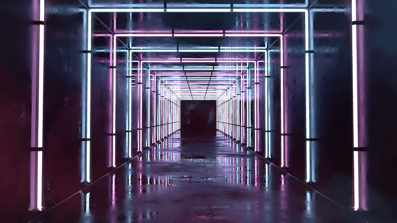 corridor, tunnel, neon, light, reflection, HD wallpaper