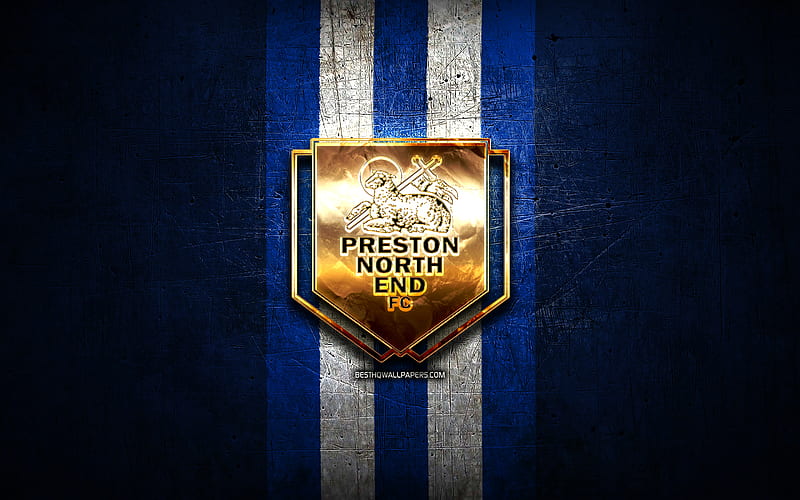 Preston FC, golden logo, EFL Championship, blue metal background, football, FC Preston, english football club, Preston FC logo, soccer, England, HD wallpaper