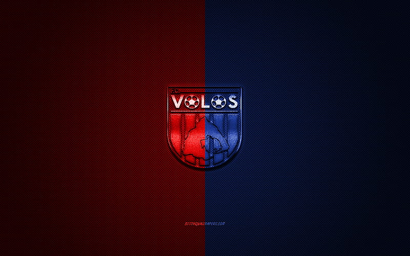 Volos FC, Greek football club, Super League Greece, red blue logo, red blue carbon fiber background, football, Volos, Greece, Volos FC logo, HD wallpaper