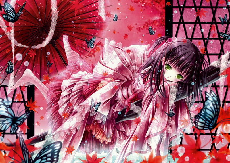 Anime girl, dress, green eyes, umbrella, manga, tinkle, cute, butterfly, girl, anime, white, pink, blue, HD wallpaper