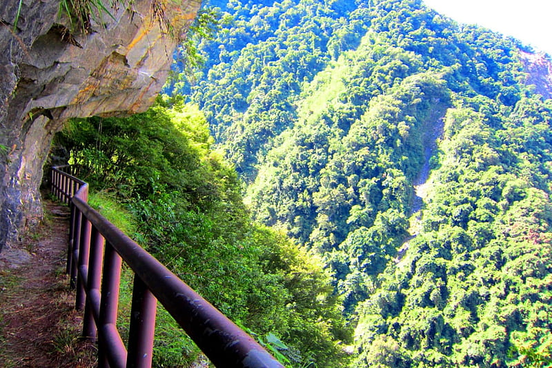 Mountain cliff trail, mountain, trail, iron railings, cliff, HD wallpaper