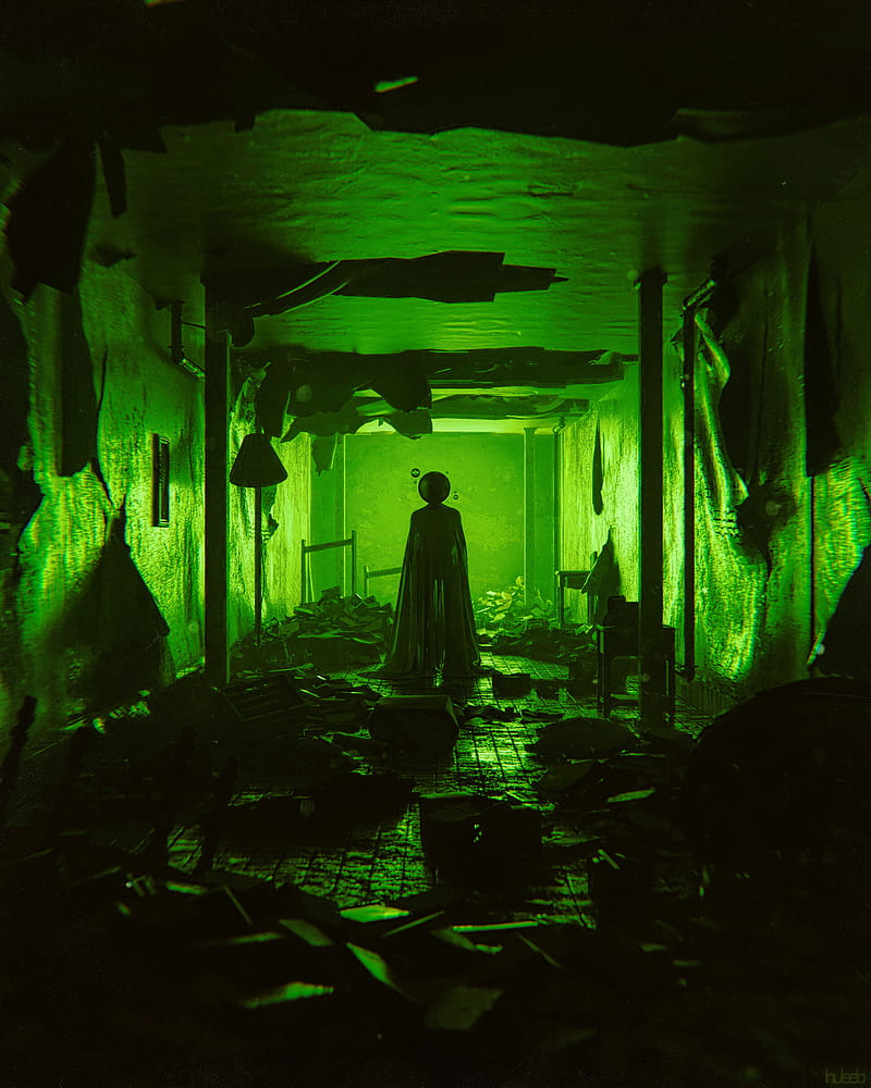 ghost, silhouette, cloak, corridor, green, HD phone wallpaper