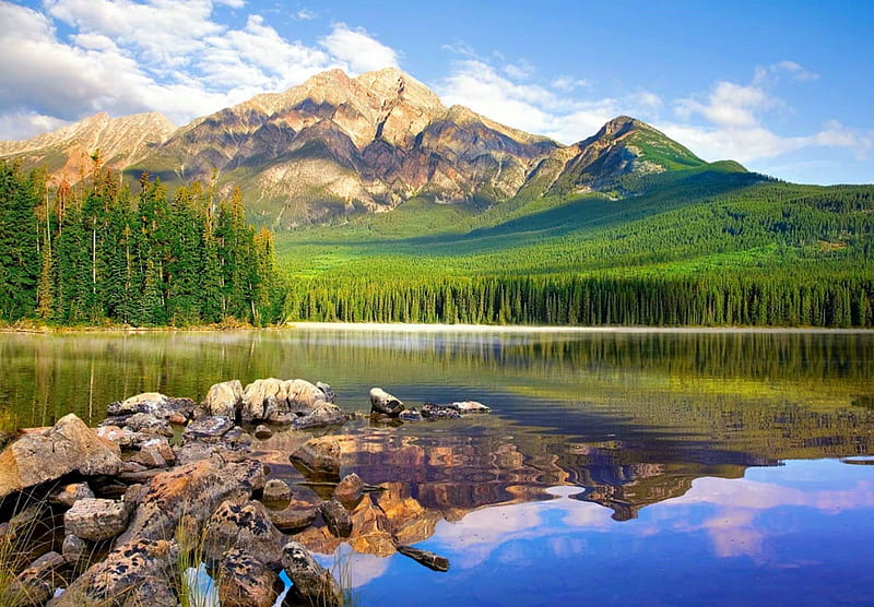 Pyramid Lake, Alberta, forest, rocks, bonito, clouds, lake, water, Canada, Jasper National Park, mountains, summer, HD wallpaper