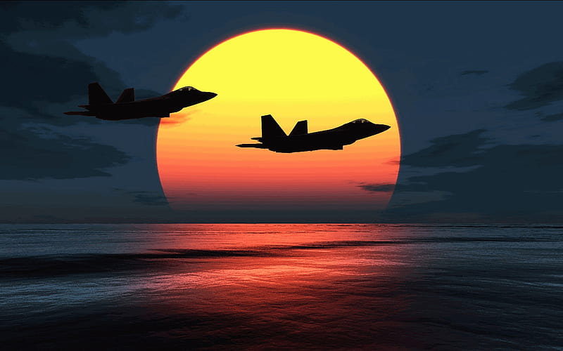 F-22 Raptors over sunset, plane, f-22 raptor, raptor, sunset, f-22, HD wallpaper