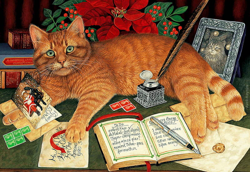 Christmas Card, pen, books, desk, cat, poinsettia, orange cat, stamps, HD wallpaper